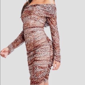 NWT BEBE Leopard Off the Shoulder Ruched Dress L